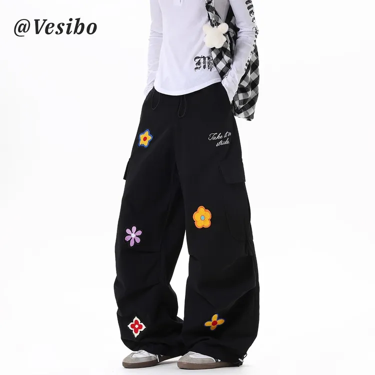 美式贴布工装休闲裤男秋季潮牌字母绣花阔腿裤高街新款潮牌女装