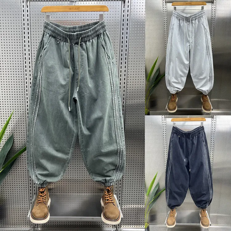 户外牛仔拼接束脚休闲裤男士秋季新款潮流宽松百搭阔腿痞帅哈伦裤