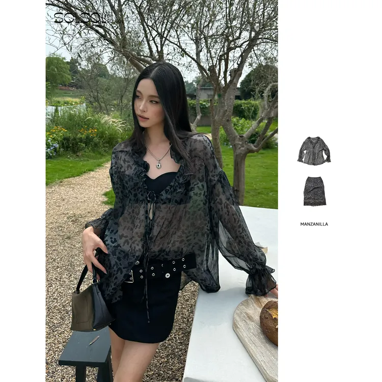 MANZANILLA 25早秋新品慵懒风微透豹纹印花系带上衣/半身裙SOLSOL