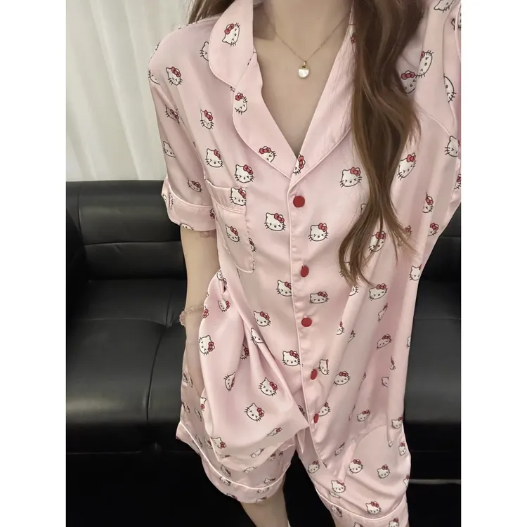 【粉色kitty】甜美少女凉感冰丝短袖睡衣女夏季新款短裤套装家居服