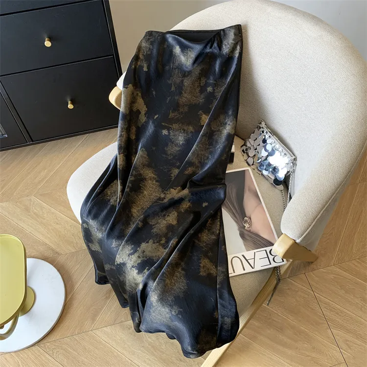 法式复古水墨晕染半身裙女夏高级感醋酸缎面鱼尾裙垂感一步包臀裙