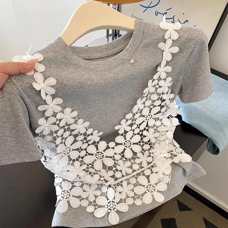 AMI.FS 新款百搭式短袖T恤叠穿镂空蕾丝小吊带两件套甜美上衣