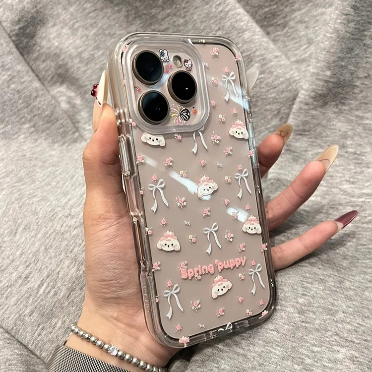 雅天立日韩粉色花小狗适用iPhone1615苹果手机壳华为vivo小米oppo