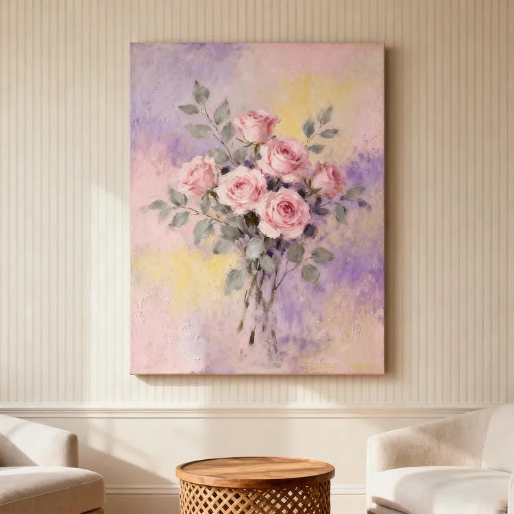 原创手绘油画现代简约粉色花卉油画客厅玄关装饰画手绘肌理