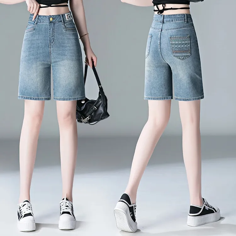 蓝色阔腿牛仔短裤女夏季2025新款高腰显瘦A字五分裤休闲外穿中裤