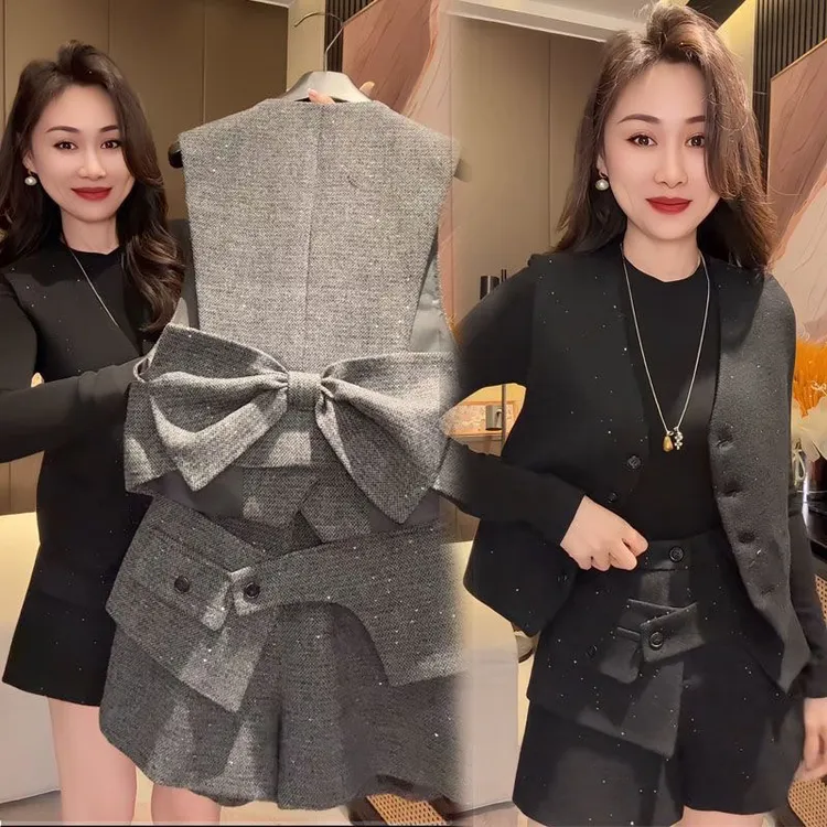冬季小香风蝴蝶结亮闪马甲短裤套装女气质显瘦时尚洋气两件套高级