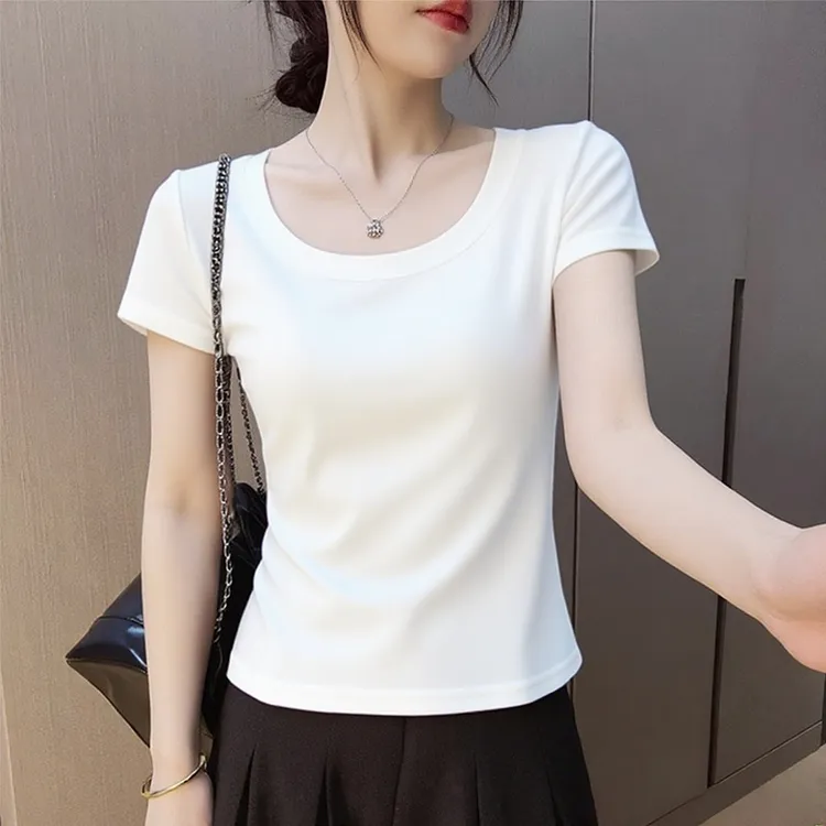 百搭正肩显瘦纯色短袖T恤女夏季新款修身收腰气质打底内搭上衣服