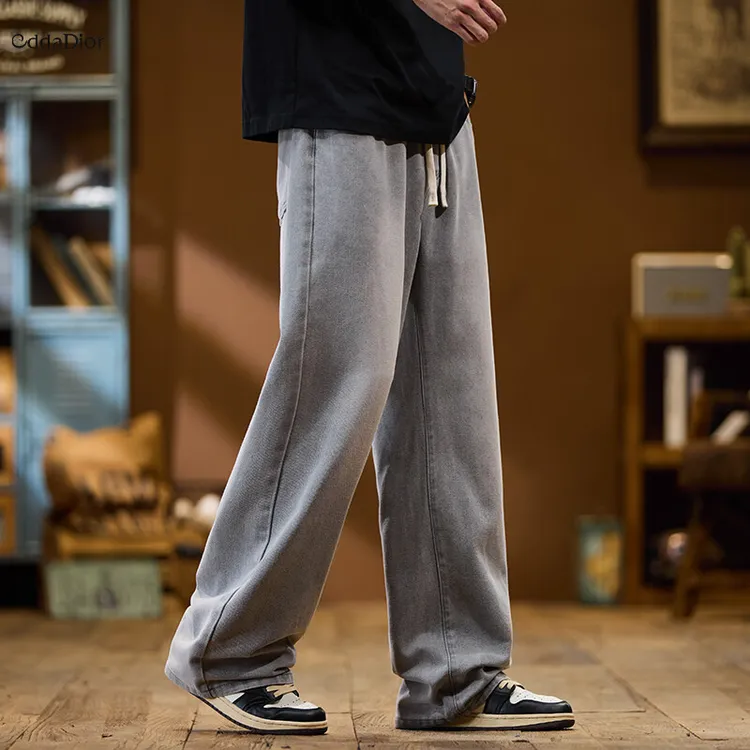 新款复古蓝牛仔裤垂感美式裤子宽松潮阔腿直筒长裤港风潮流潮流