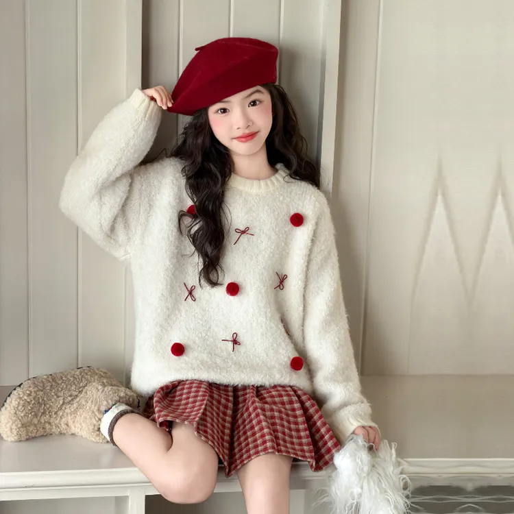 女童冬季圣诞款加厚毛衣套装2025新款女大童休闲保暖格子裙两件套