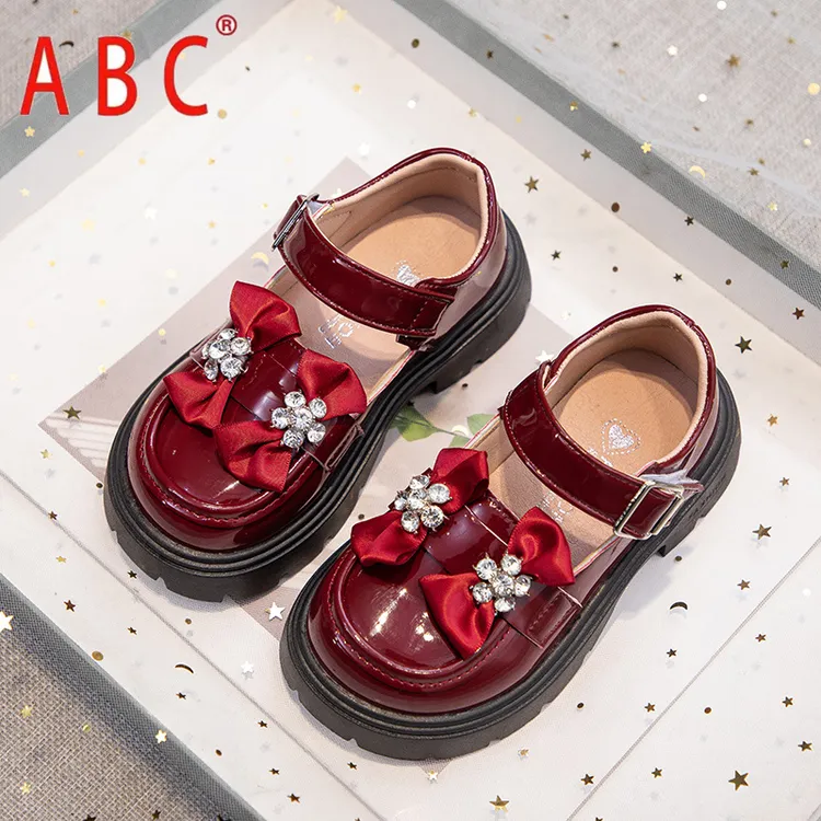 ABC2025春季英伦酒红色亮皮女童皮鞋中大童蝴蝶结一字带公主鞋