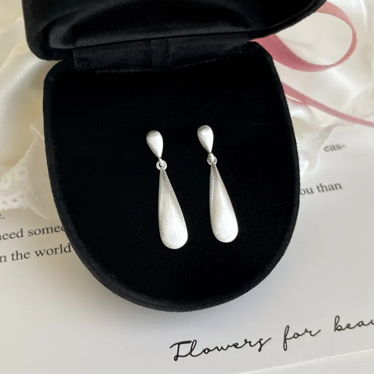 铜合金合成锆石耳饰 百利甜酒|法式磨砂水滴无耳洞耳环气质耳钉银