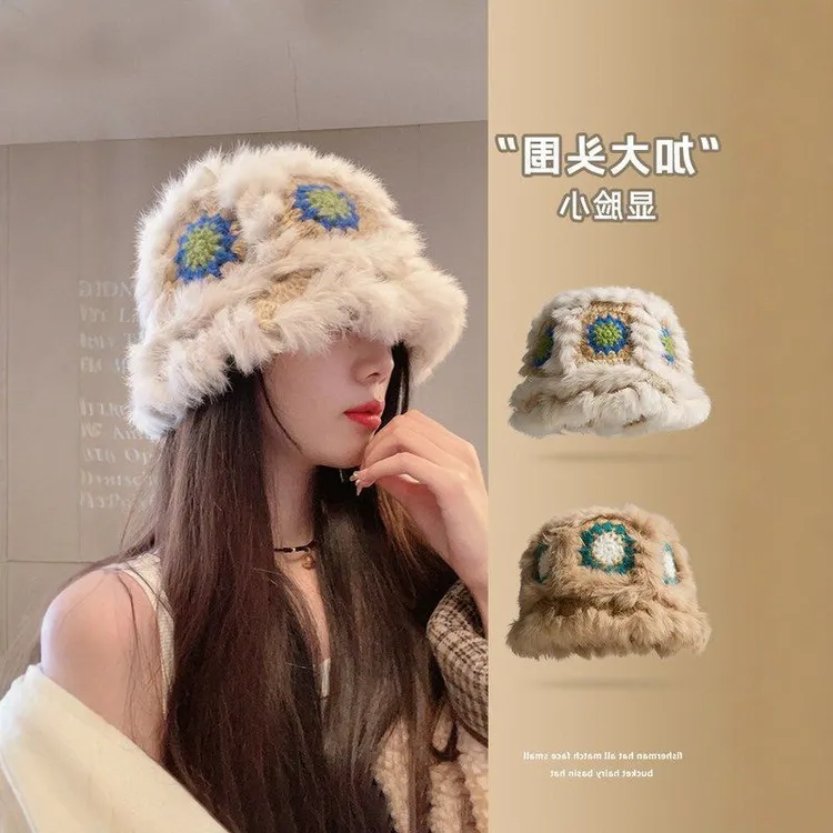 秋冬女针织百搭渔夫帽盆帽帽子醒狮毛茸茸显脸保暖兔毛毛绒小水