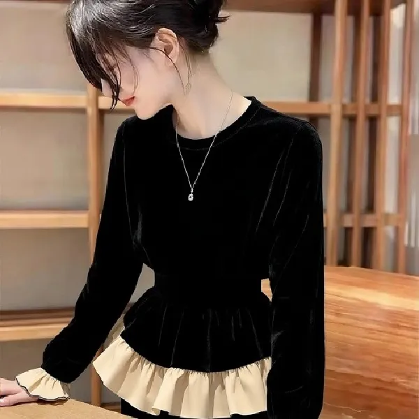 新中式女装黑色荷叶边拼接丝绒上衣设计感小众巨好看国风掐腰小衫