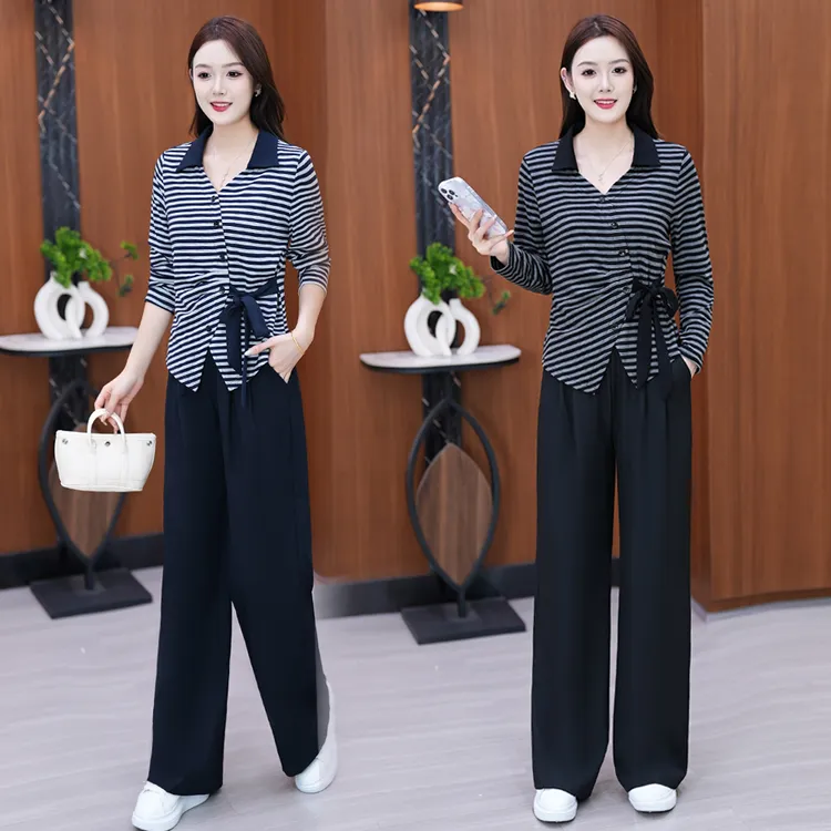 时尚套装女2025秋季新款洋气显瘦长袖条纹系带上衣阔腿裤两件套潮