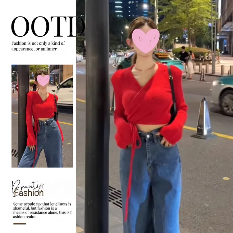 韩系复古红色V领交叉绑带针织衫女秋季新款设计感显瘦露肚脐上衣