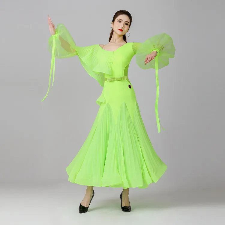 丹宝罗萤光绿交谊舞连衣裙华尔兹舞厅高端表演裙2025新款摩登舞裙