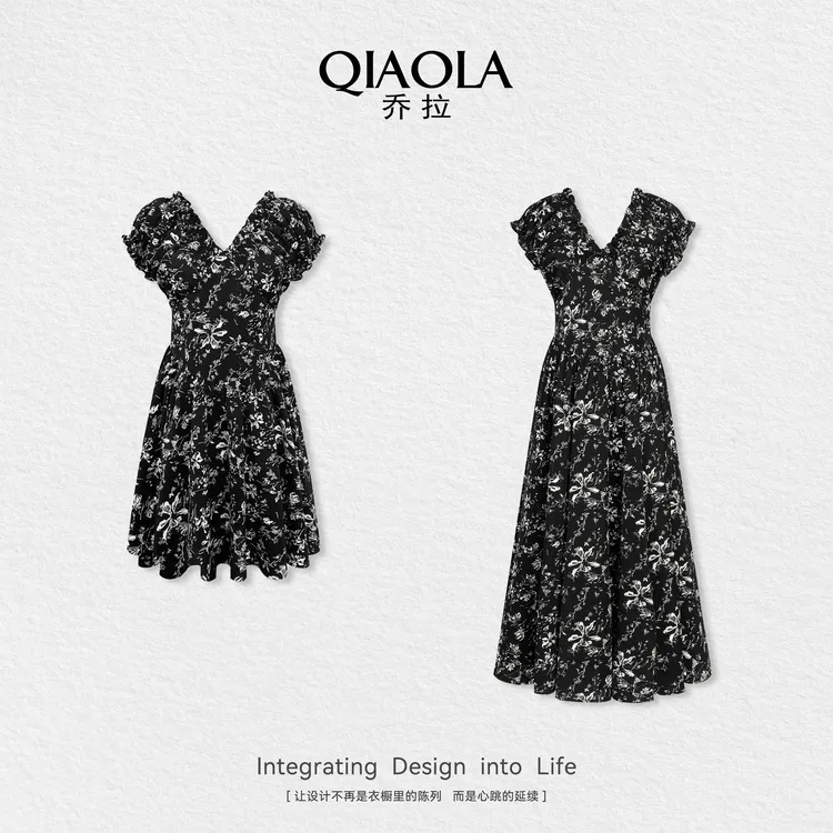 QIAOLA/乔拉【花开半夏】夏碎花木耳边V领压褶轻奢减龄连衣裙预售 