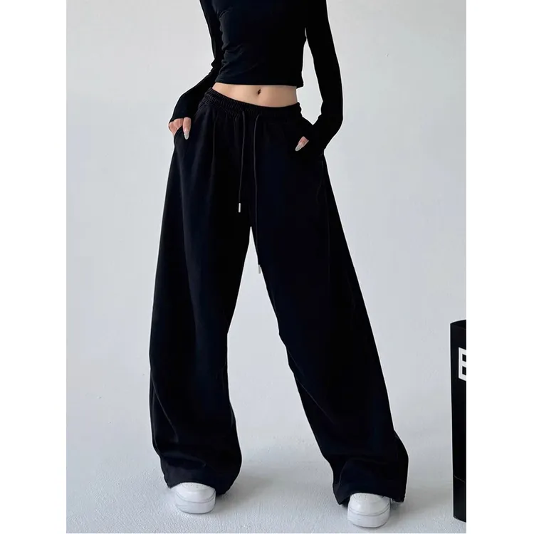 加大码2-薄款高腰阔腿裤裤子女夏季休闲裤直筒宽松美式运动卫裤