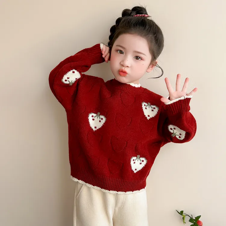 女童红色毛衣针织衫新年2025款洋气儿童加厚毛线衣女宝宝冬装内搭