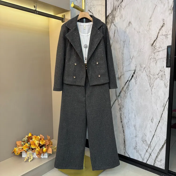 2026气质撒星复古大码轻奢成熟时尚洋气加厚外套+裤子套装69183