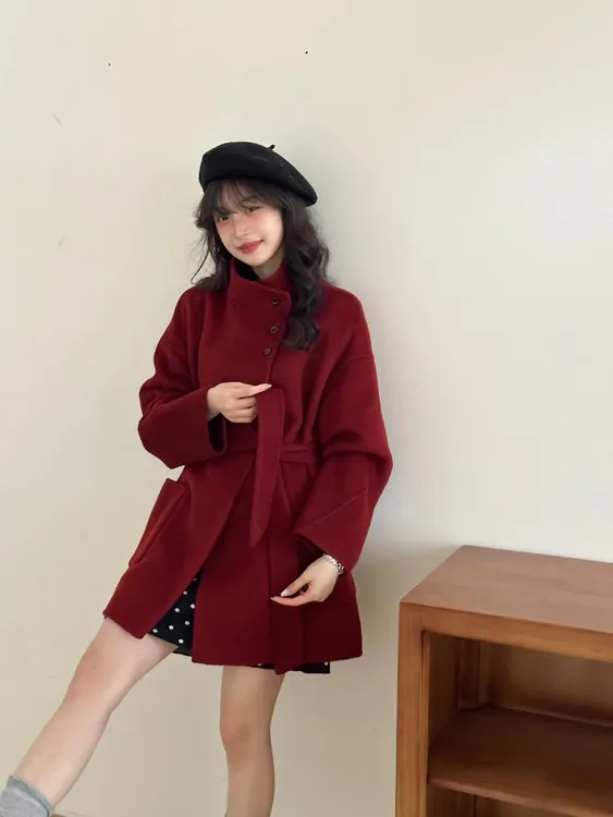 2025年新款常规袖韩版毛呢外套双面呢中长款秋冬红色简约风10羊绒