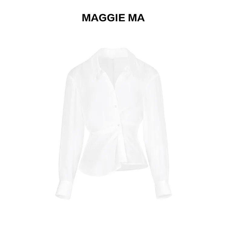 MAGGIE MA马婧设计师款纯洁月光白捏褶层次感修身衬衫309S