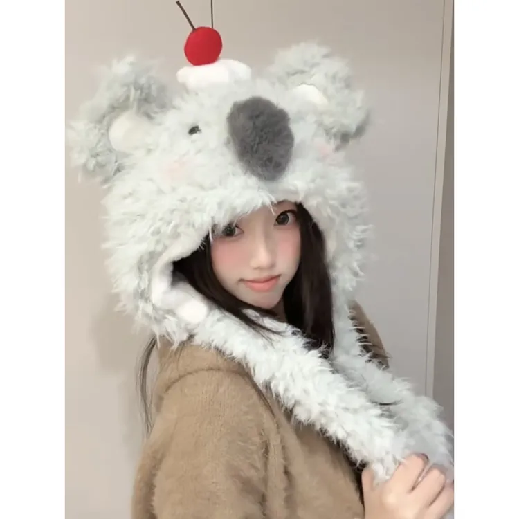 耳朵会动~可爱蛋糕考拉毛绒帽女秋冬季加厚保暖防寒护耳雷锋帽子