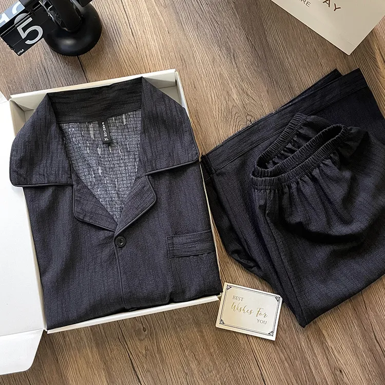 男士睡衣夏季皱布短袖短裤大码青年夏天薄款可外穿休闲家居服套装