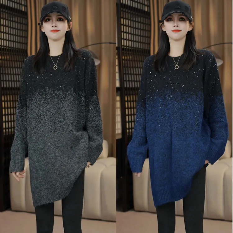 秋冬新款渐变色圆领长袖显瘦保暖毛衣女士气质秋冬百搭