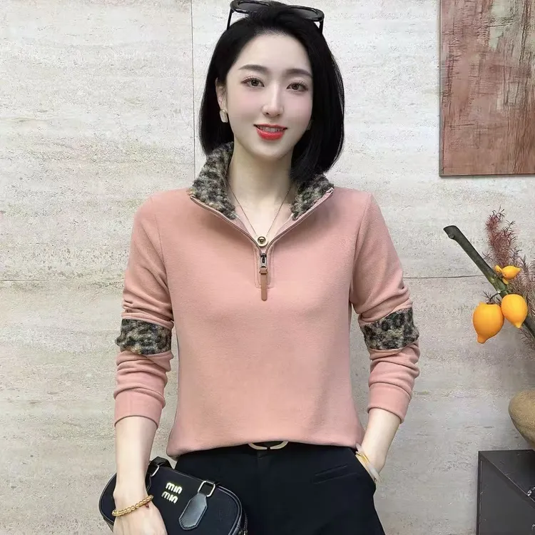 【韩紫朵】2025新品豹纹毛毛领拉链保暖长袖T恤女士89077