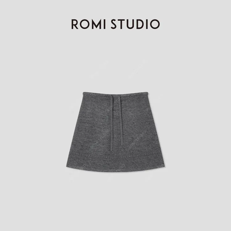 ROMI STUDIO“简约日常”灰色花纱镂空抽绳A字半身短裙 RWCRXZ3713