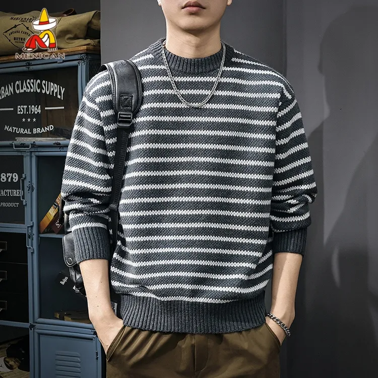 Mexican/稻草人秋季重磅条纹圆领毛衣男款美式撞色宽松慵懒风上衣