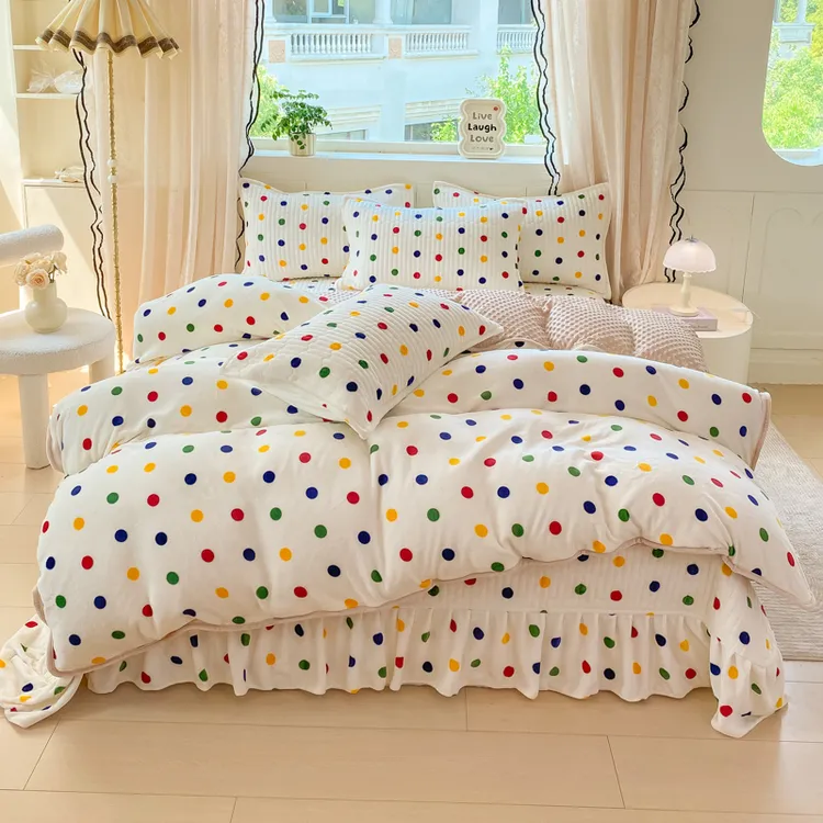 冬季加厚牛奶绒豆豆绒床盖款韩式大花边床上四件套双面绒被套被罩