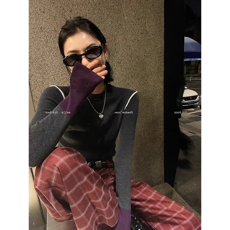 撞色长袖内搭针织衫女早春款韩系设计感小众软糯时尚修身正肩上衣