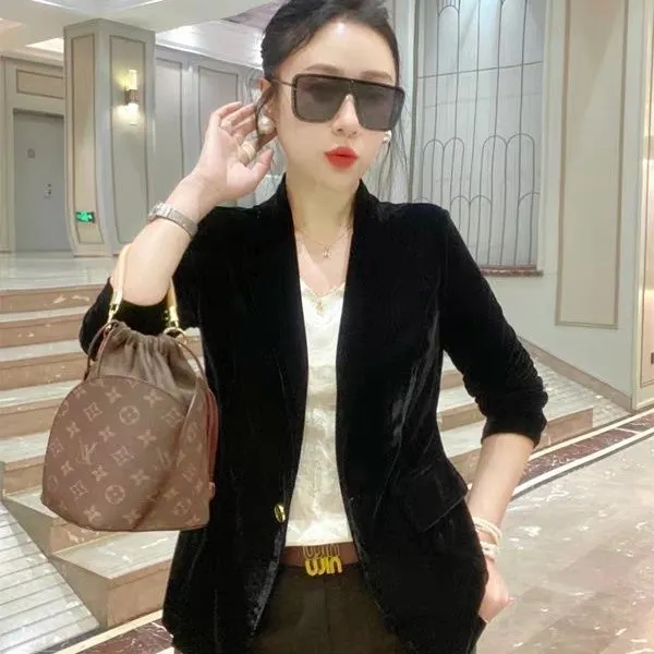 金丝绒西装外套女士春秋欧货单层加厚高端显瘦大码丝绒小西服上衣