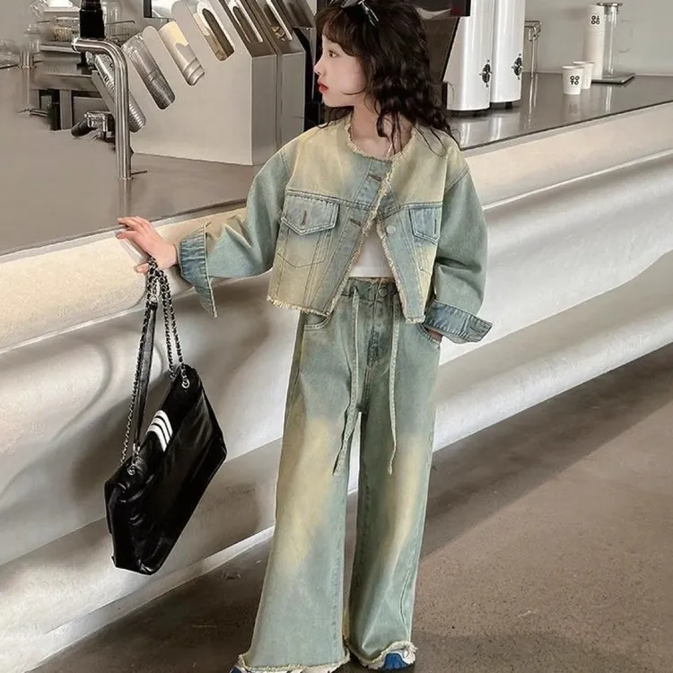 女童牛仔套装2025新款韩版洋气儿童秋装长袖外套松紧腰长裤两件套