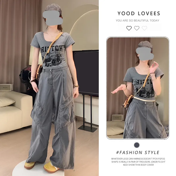 韩版时尚字母印花短款T恤套装女25夏季休闲显瘦工装阔腿裤两件套