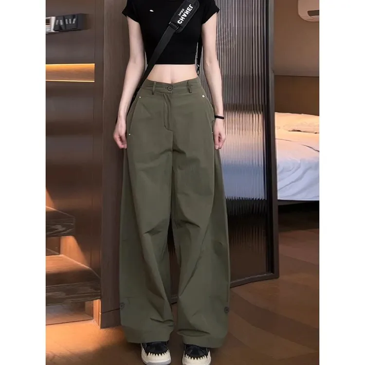 绿色弯刀工装休闲裤女秋季新款大码胖mm宽松显瘦通勤直筒阔腿裤女