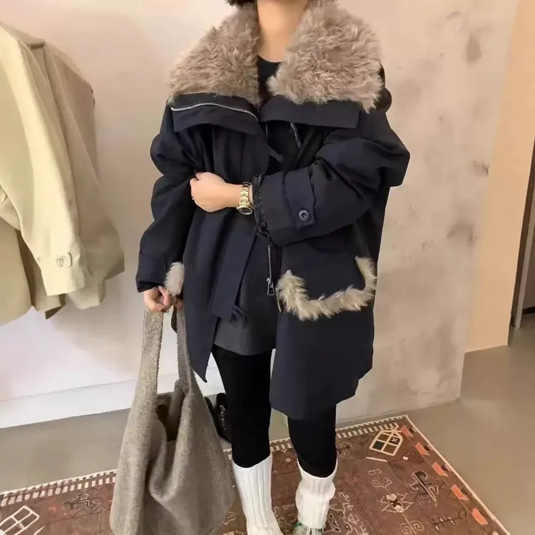 拼接中长款厚款泡泡袖翻领秋冬黑色长款韩版