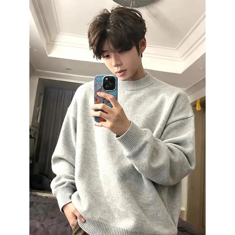 cleanfit美式浅灰色圆领毛衣男冬季内搭加绒打底衫慵懒针织衫外套