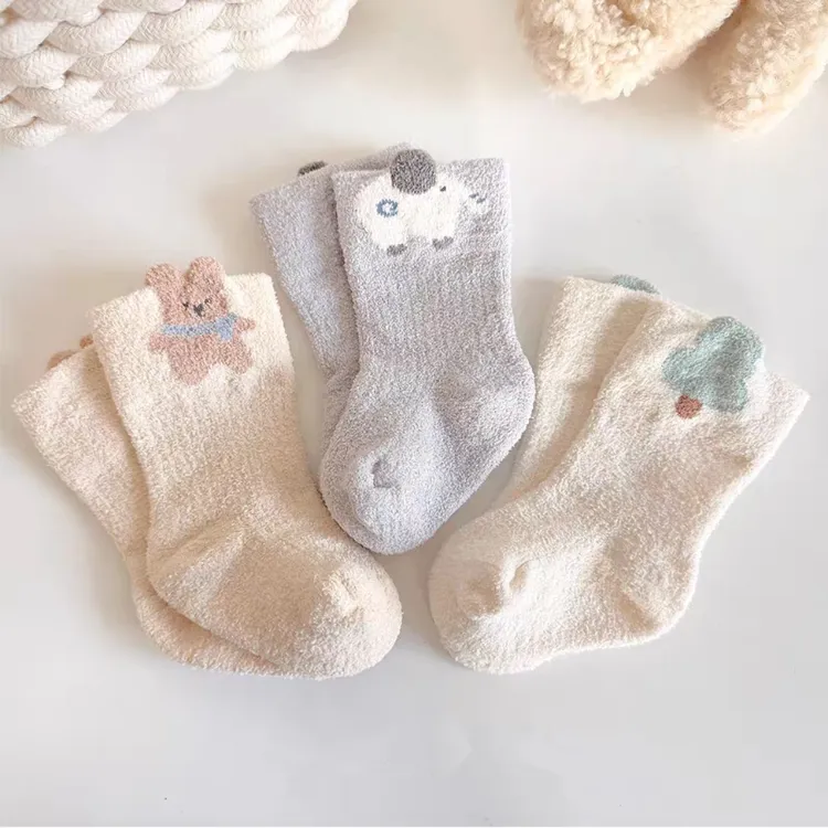 婴儿袜子秋冬季加绒保暖新生儿袜子毛绒卡通宝宝中筒袜加厚珊瑚绒