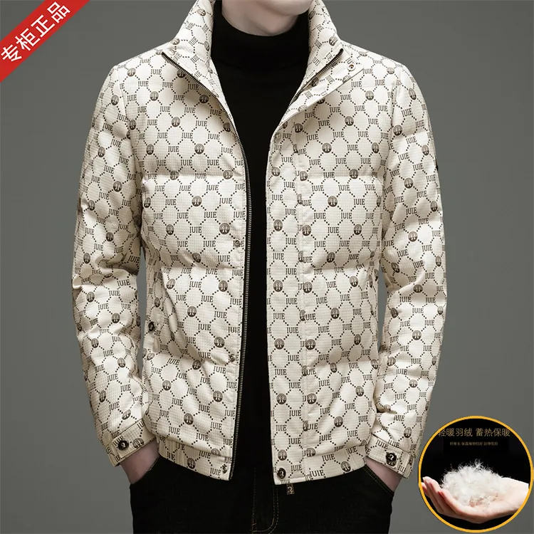 专柜正品冬季新款英伦男士羽绒服时尚潮流立领印花90白鸭绒外套潮
