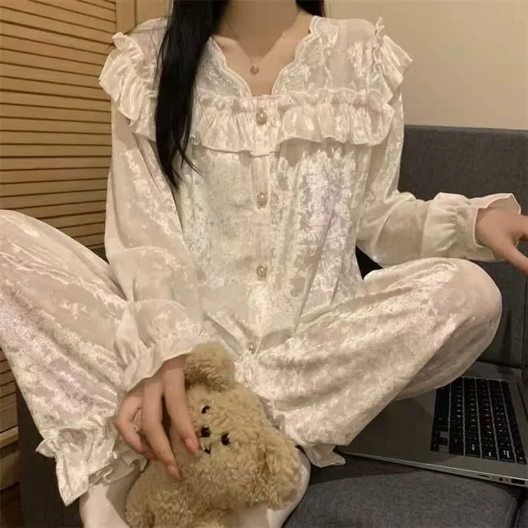 法式复古金丝绒少女睡衣秋冬款v领开衫长袖宽松舒适居家服套装L