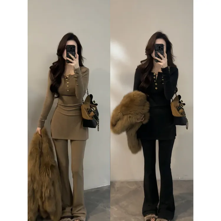 【大婷婷】长袖休闲纽扣T恤时尚秋冬洋气秋冬时尚喇叭裤套装DT1817