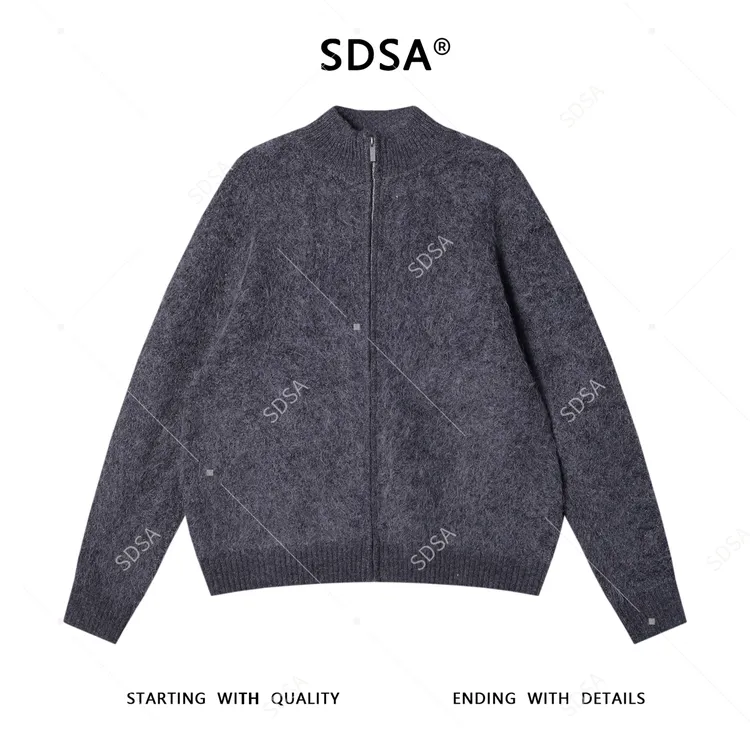 SDSA秋冬新款痞帅男装潮牌短款绒面拉链立领针织衫百搭开衫毛衣