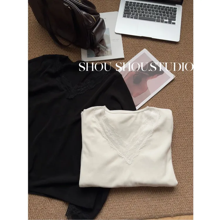 【瘦瘦】大码V领天丝羊毛美诺绒蕾丝高级氛围感百搭针织打底S02294