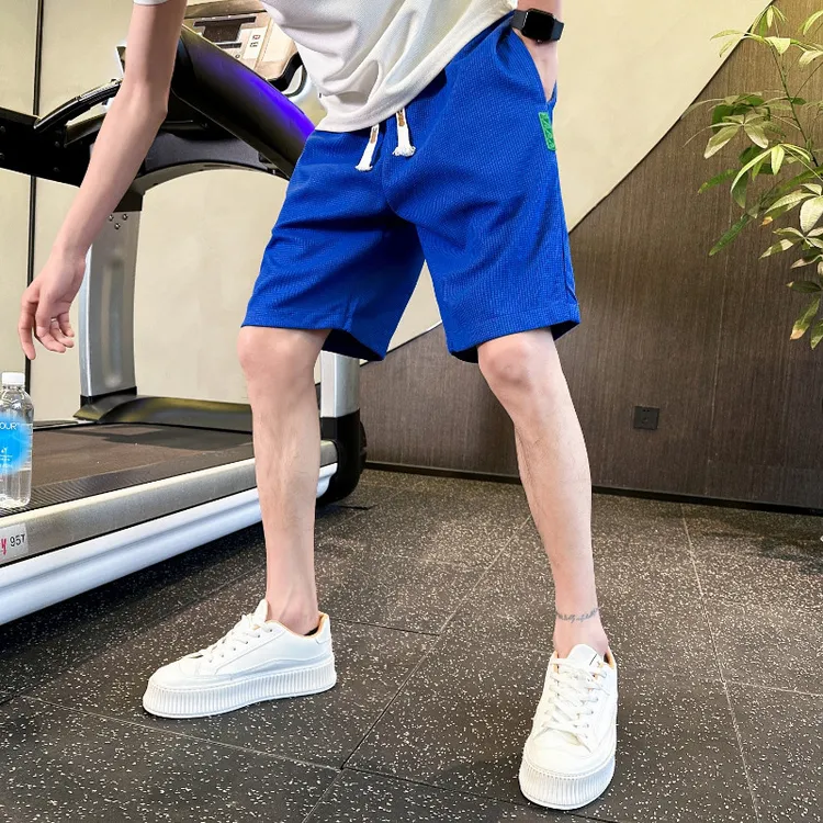 克莱因蓝华夫格短裤男夏季潮流痞帅休闲沙滩裤潮牌薄款运动五分裤