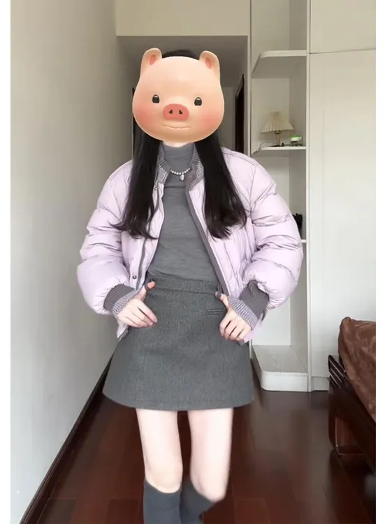 韩系慵懒风穿搭套装女秋冬季圆领棉服外套立领打底衫a字裙三件套