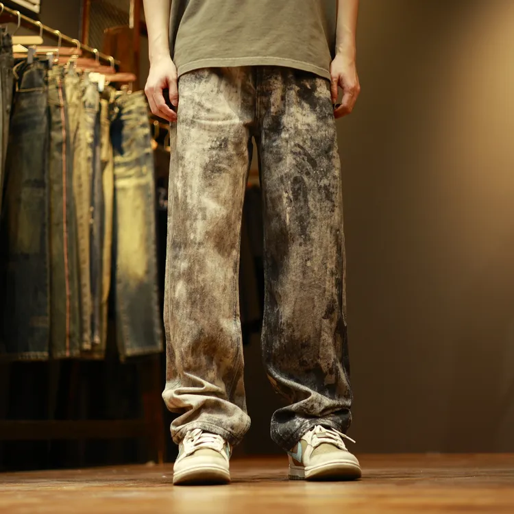 6681美式宽松水洗3D打印潮流高街休闲直筒牛仔裤