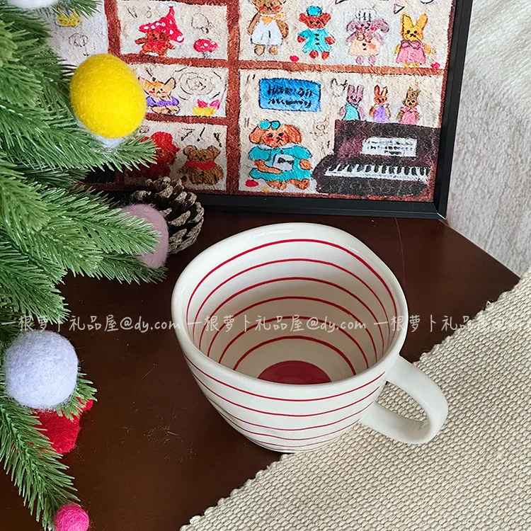 日系复古条纹圣诞马克杯陶瓷水杯家用办公室牛奶早餐杯女生咖啡杯